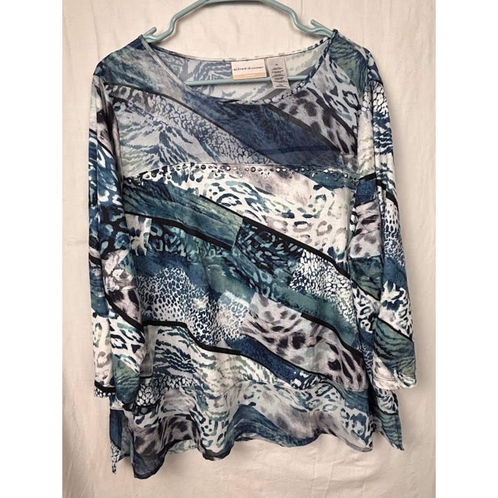 Alfred Dunner Woman 1X Blue Mixed Animal Print Rhinestone Layered 3/4 Sleeve Top